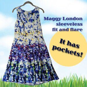 Maggy London size 8 sleeveless v-neck cocktail dress w/ watercolor-like design